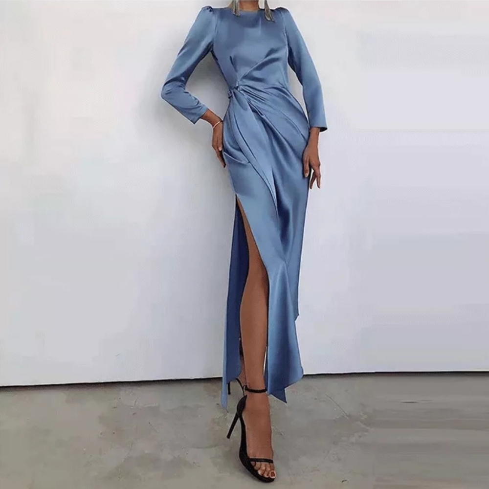 Satin Cloudy Blue Dress Long Sleeve Detachable Belt Size M L
